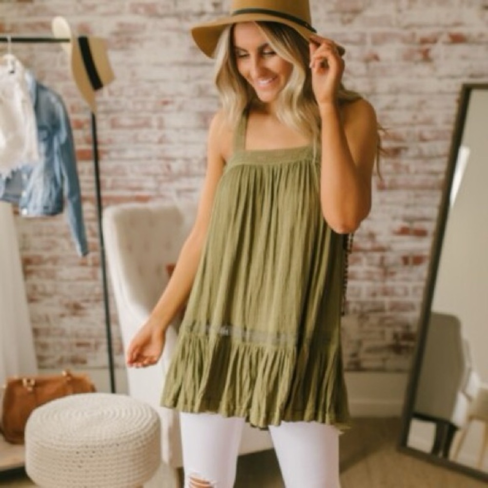 Free People Sweet Thing Tunic Top/ Mini Dress Khaki Green Ruffled Boho Medium